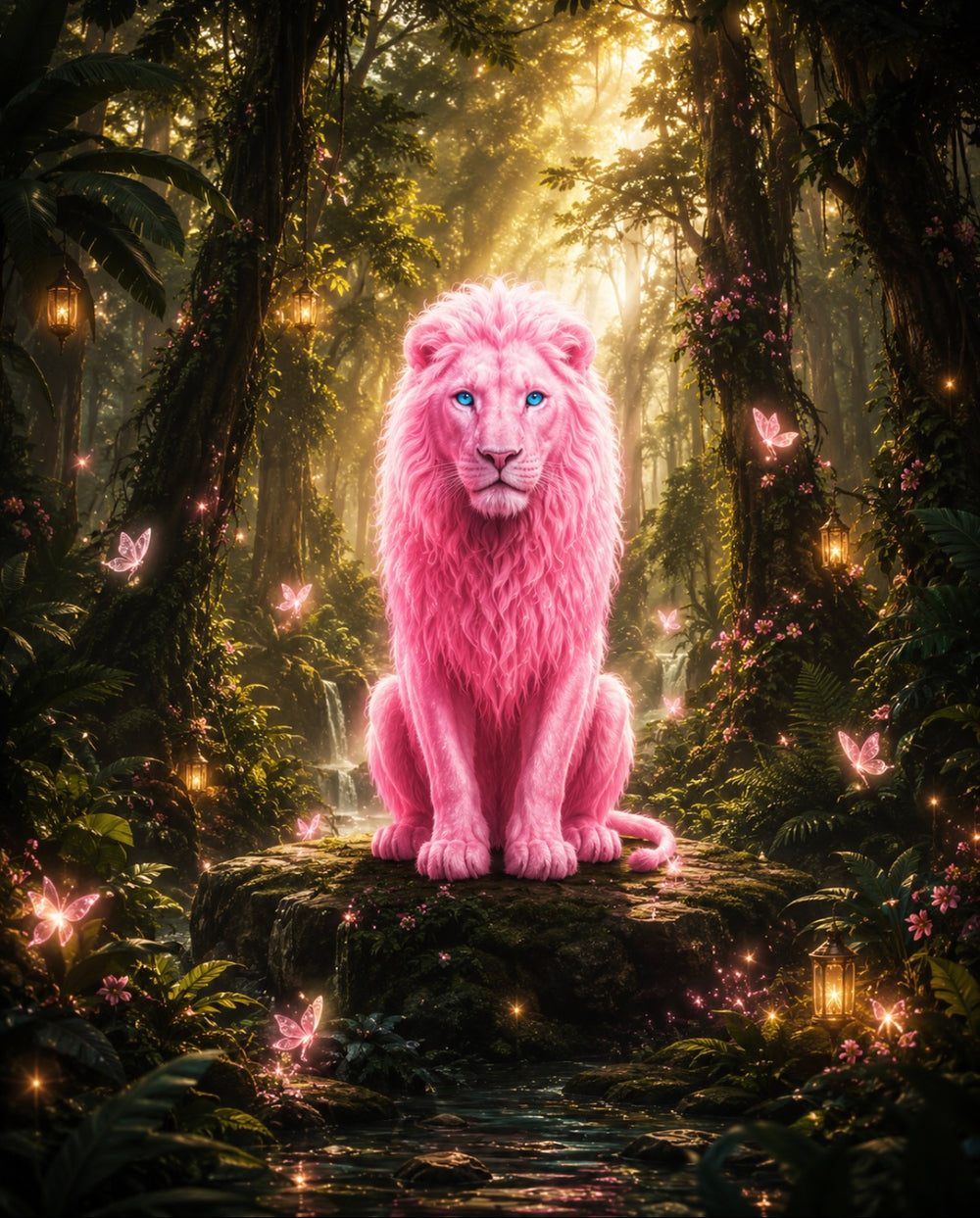 Pink Enchanted Lion – Fantasy Forest Wall Art Print