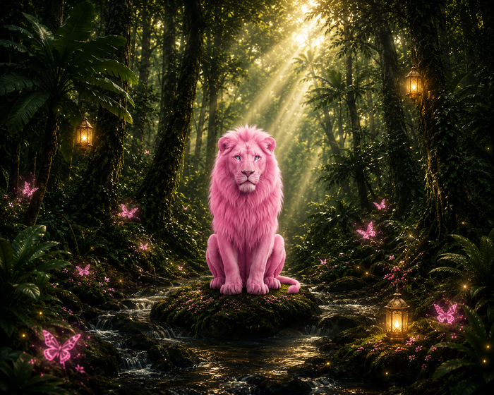 Pink Enchanted Lion – Fantasy Forest Wall Art Print