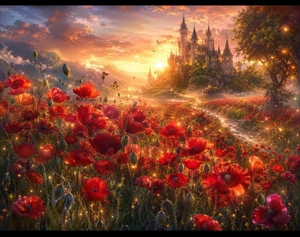 Enchanted Poppy Kingdom – Fantasy Castle Landscape Wall Art