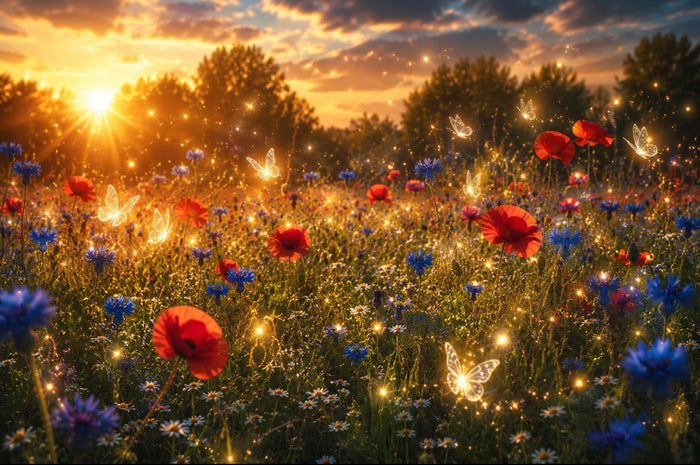 Golden Butterfly Meadow – Enchanted Wildflower Sunset Wall Art