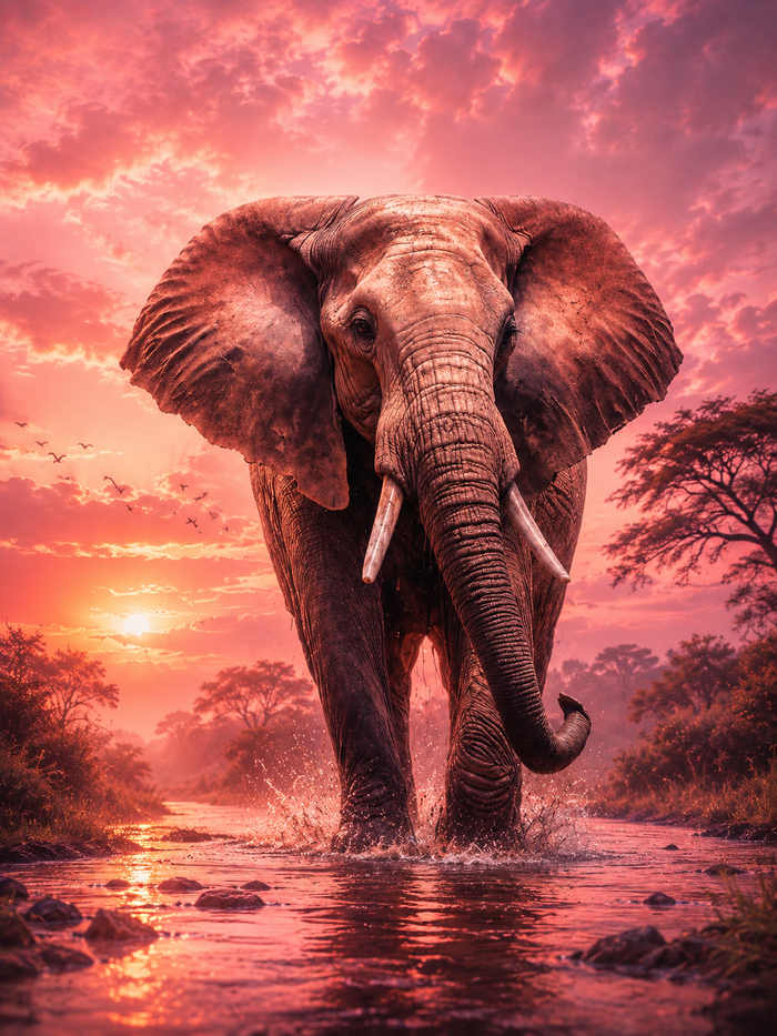 Majestic Elephant at Sunset – Wildlife Fantasy Wall Art