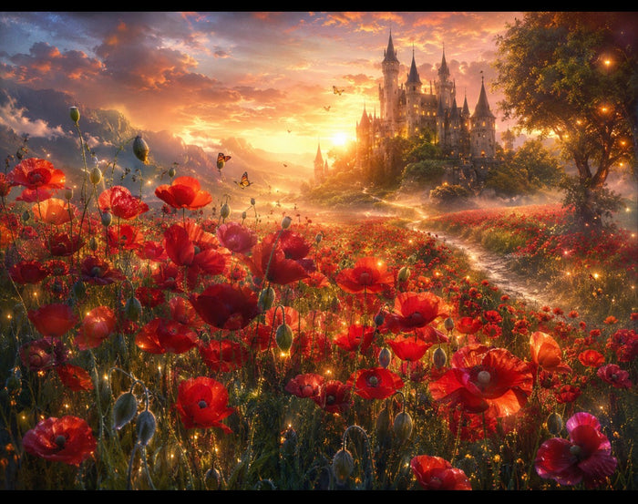 Enchanted Poppy Kingdom – Fantasy Castle Landscape Wall Art