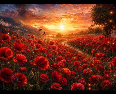 Crimson Poppy Sunset – Enchanted Wildflower Landscape Wall Art
